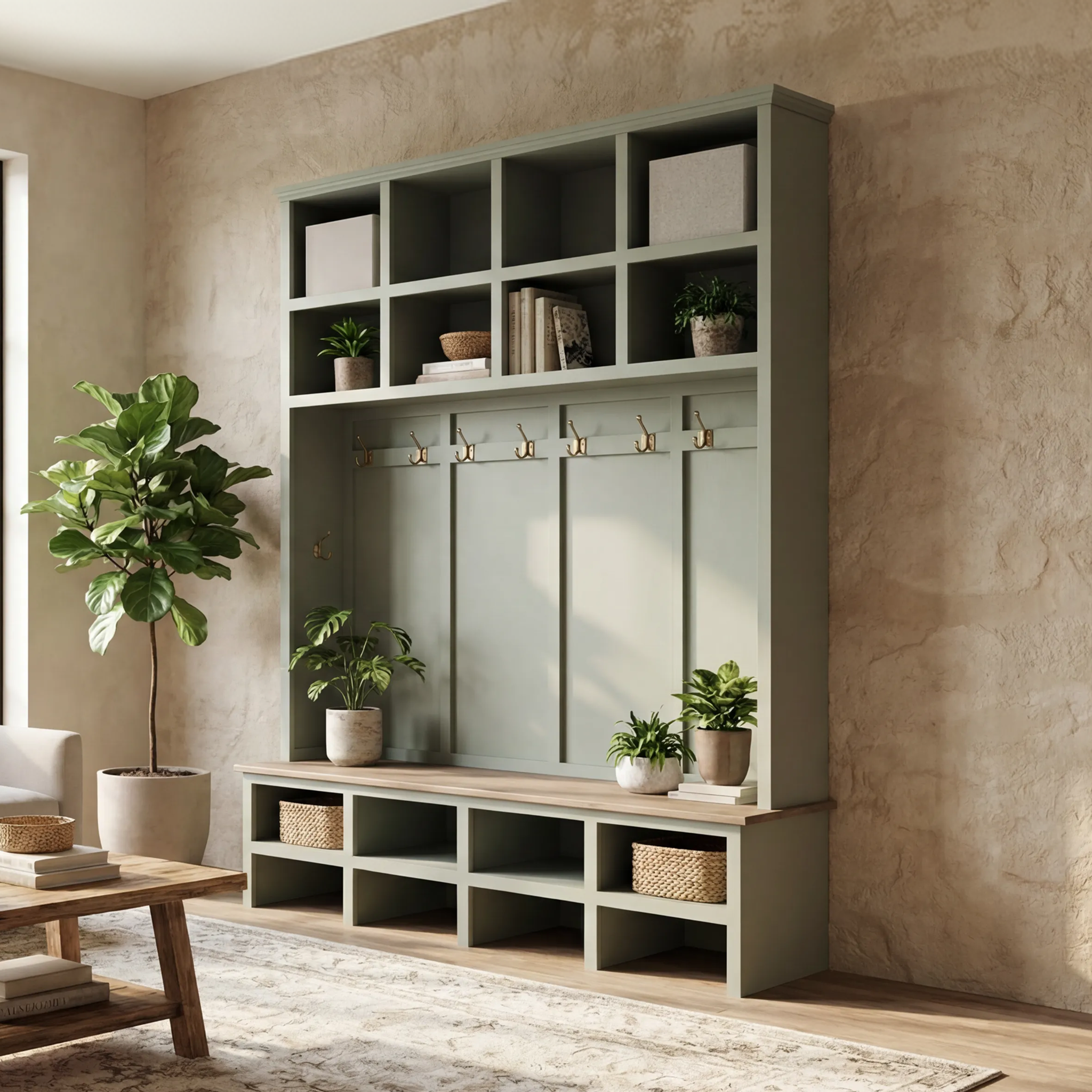 【アンティーク家具】ウッドラックスタークッションウッドツリー The Brentwood Halltree || Entryway Bench with Shelves – The