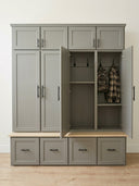 Elderbloom Halltree with locker doors open, showing the interior double coat hooks, adjustable upper shelf, and lower bench storage